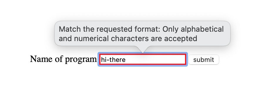 A screenshot of Safari.  The error message says 'Match the requested format: Only alphabetical and numerical characters are accepted'