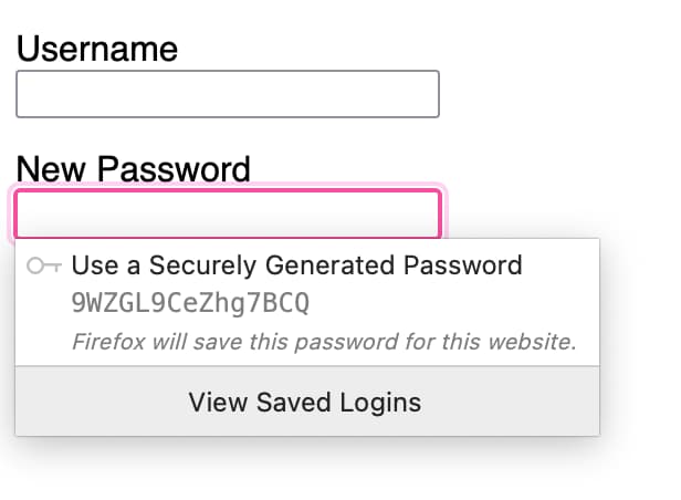 Username and New Password input fields. Firefox suggests an auto-generated password.