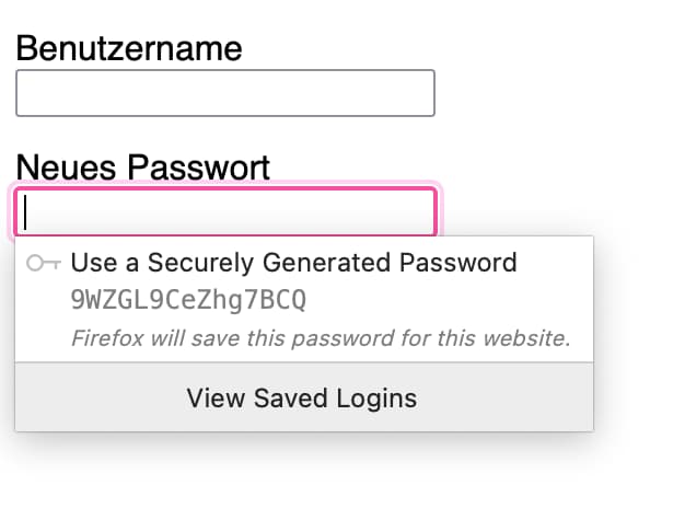 Username and New Password input fields. Firefox suggests an auto-generated password.