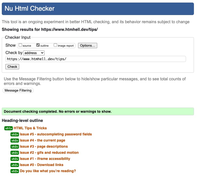 The W3 Validator shows the document outline of the HTMHell tips page. A single h1 followed by several h2s.