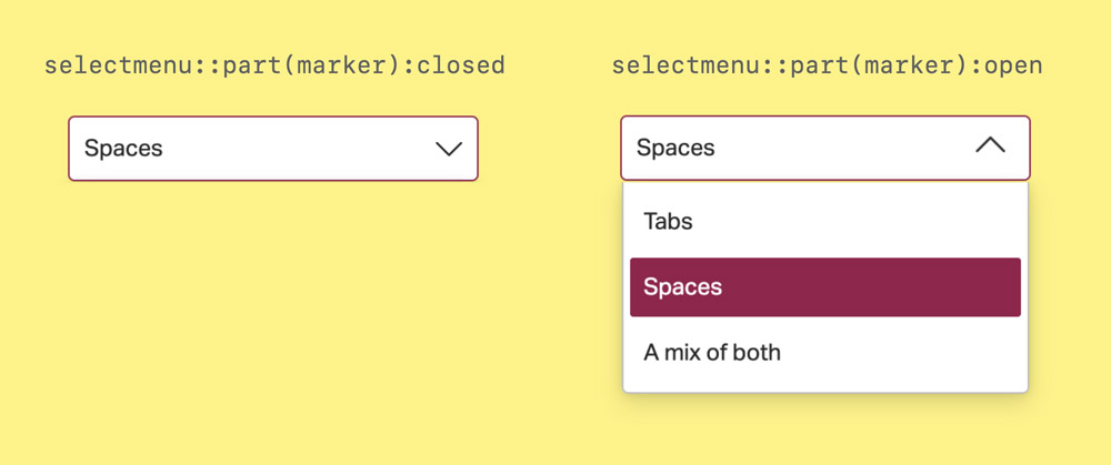 two selectboxes, the first is closed, the second is open. the closed one has selector selectmenu::part(marker):closed, the open one has selectmenu::part(marker):open