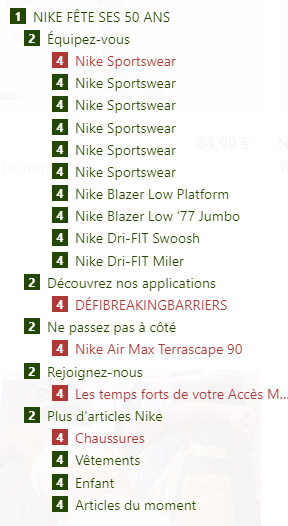 Headings structure of nike.com/fr containing duplicate headings and holes in the structure