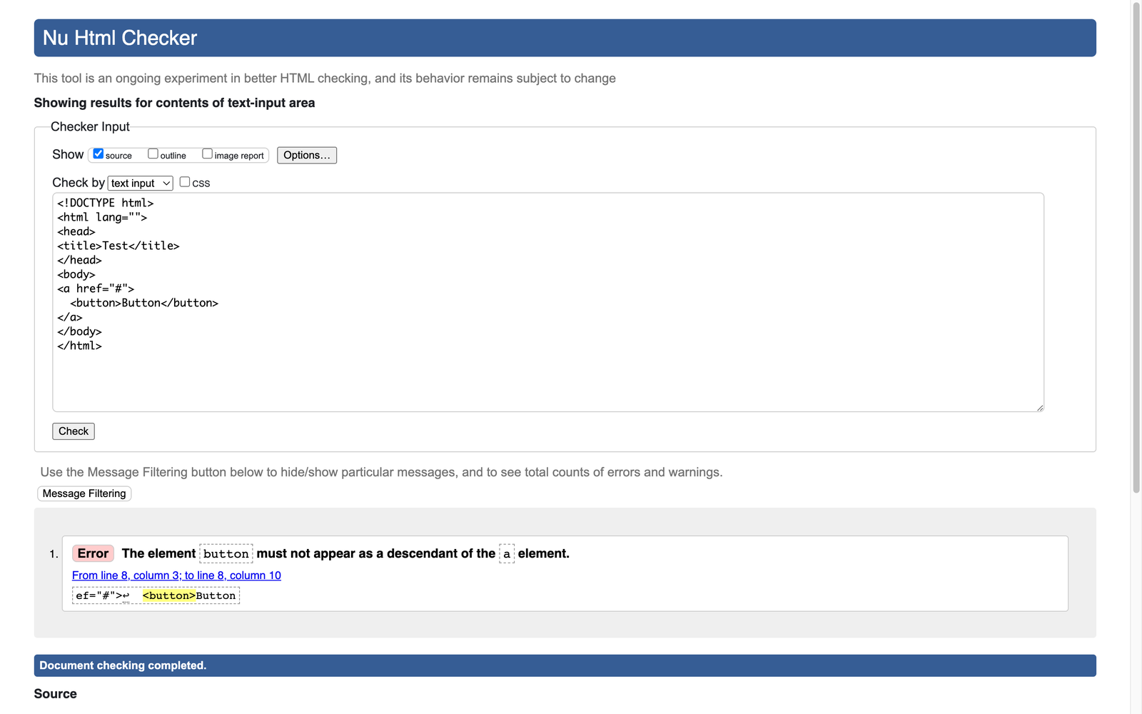 Error message in the HTML validator: The element button must not appear as a descedant of the a element.