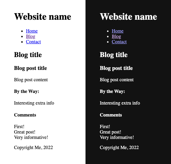 Screenshot of two bare-HTML mini-sites, one light, one dark