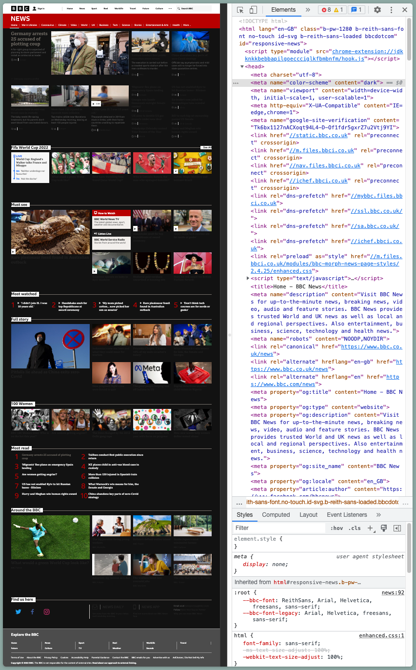 BBC News Website with color-scheme: dark injected as a meta tag