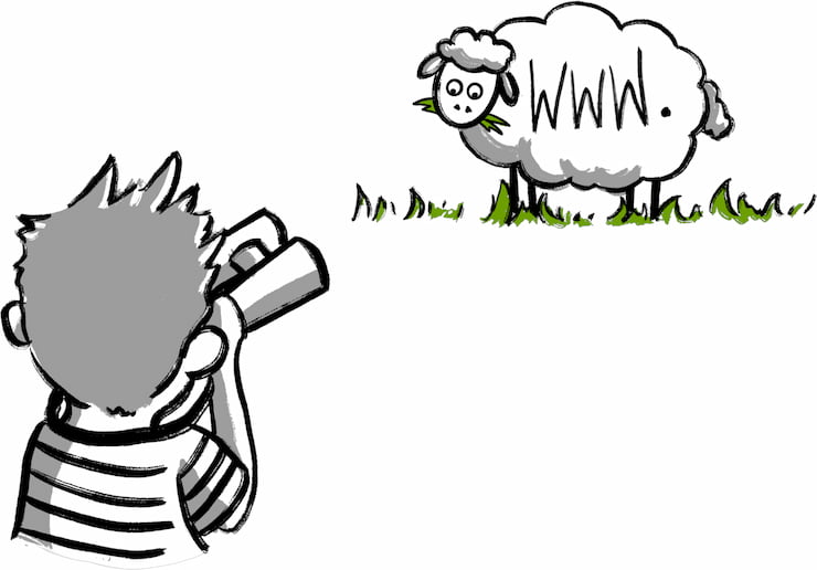 Illustration of a sheep eating grass with 'www.'' written on its side. Someone is observing it at a distance through binoculars