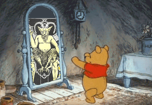 Pooh Bear doing knee bends in front of a mirror. Instead of the mirror glass, there’s an illustration of Satan. It looks like Pooh is worshipping the devil.